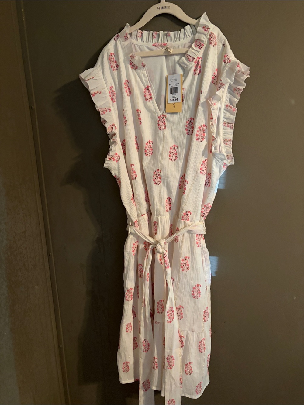 Cream Midi Dress with Pink Floral Print and Tie Waist xxl nwt